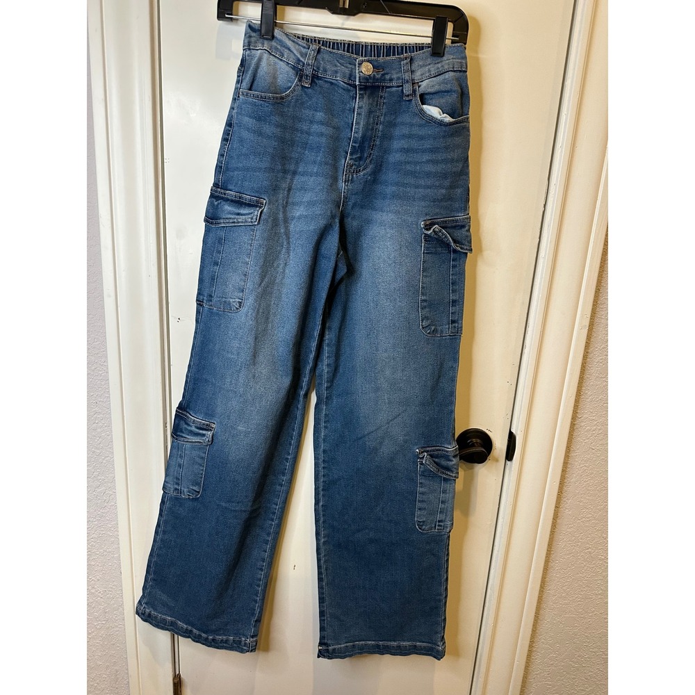 Madden NYC Womens Wide Leg Cargo Jeans Medium Wash Elastic Waist XS Utility Pant